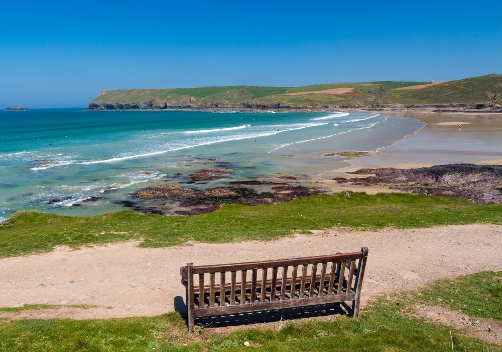 Beautiful sunny day overlooking the beach at Polzeath in Cornwall, England.