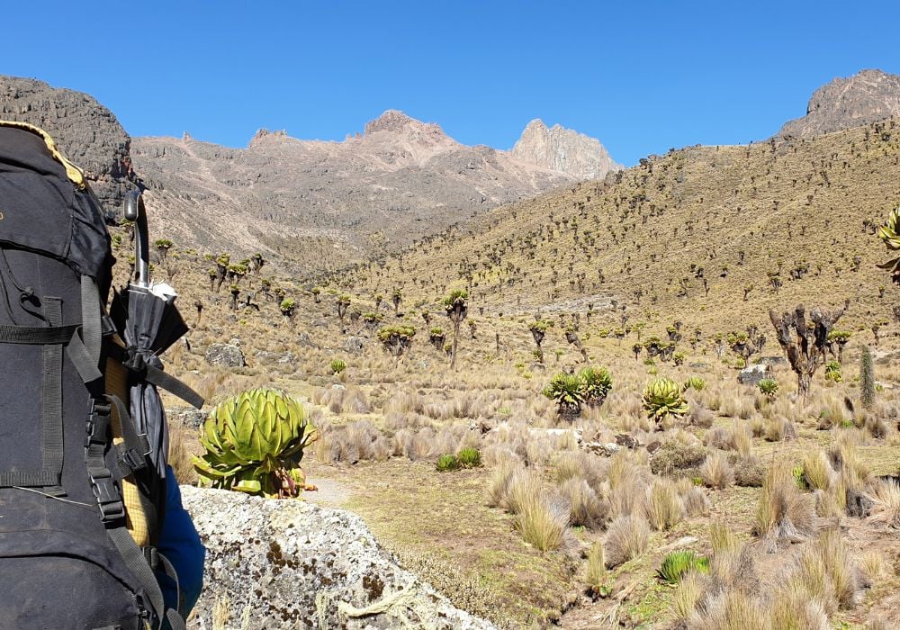 On a beautiful day, a climber is in route to trek the majestic Mount Kenya.